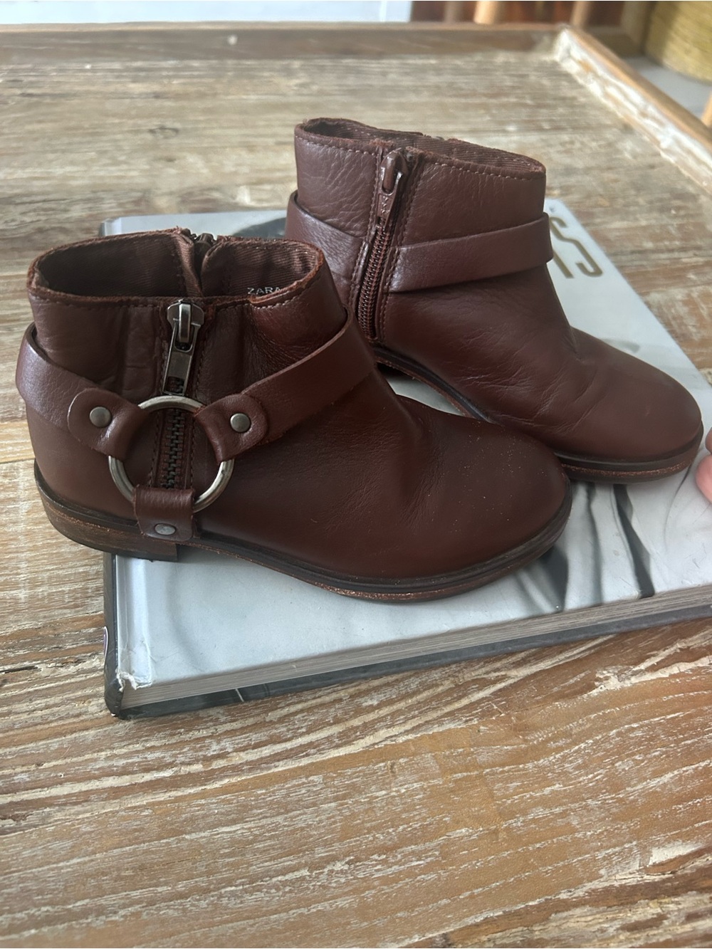 Zara Girls Kids Brown Leather Ankle Boots - Classic Zip Closure
